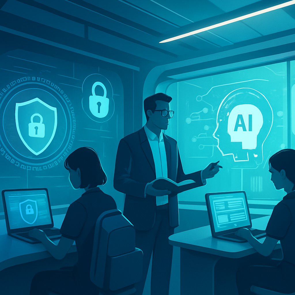 futuristic education institution showing the utilization of cybersecurity to protect sensitive information and the use of ai tools for education-1